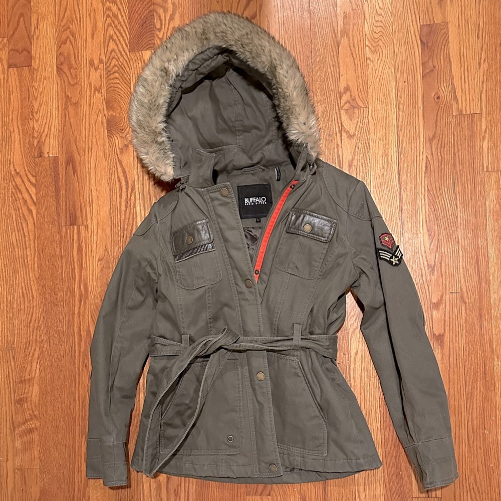 Never Been Worn Large Buffalo Army-esque Fur Removable Hooded Tie Jacket